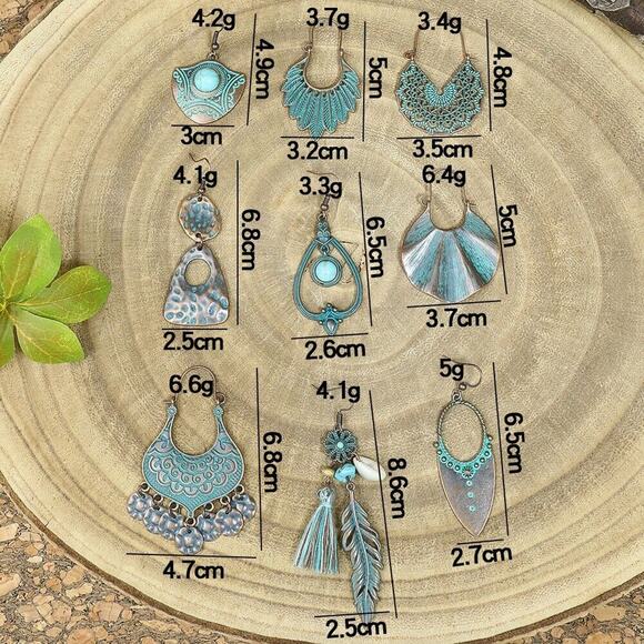 Turquoise Vintage Gold Hip-Hop Retro Leaf Alloy Aztec Drop Earrings Boho Ethnic - Picture 3 of 6